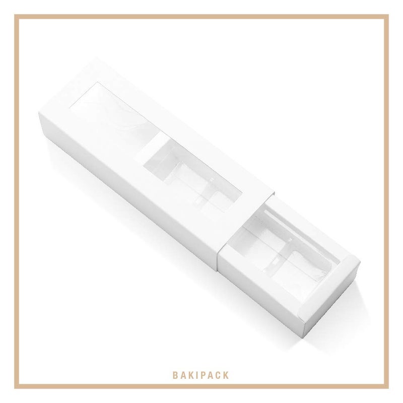 BAKIPACK 20 Truffle Boxes, Chocolate Boxes, White Candy Boxes with 4-Piece Plastics Tray (Tray Size with 5.75x1.25 Inches), Pull Out Packing with Clear Window Sleeves, White - Image 4